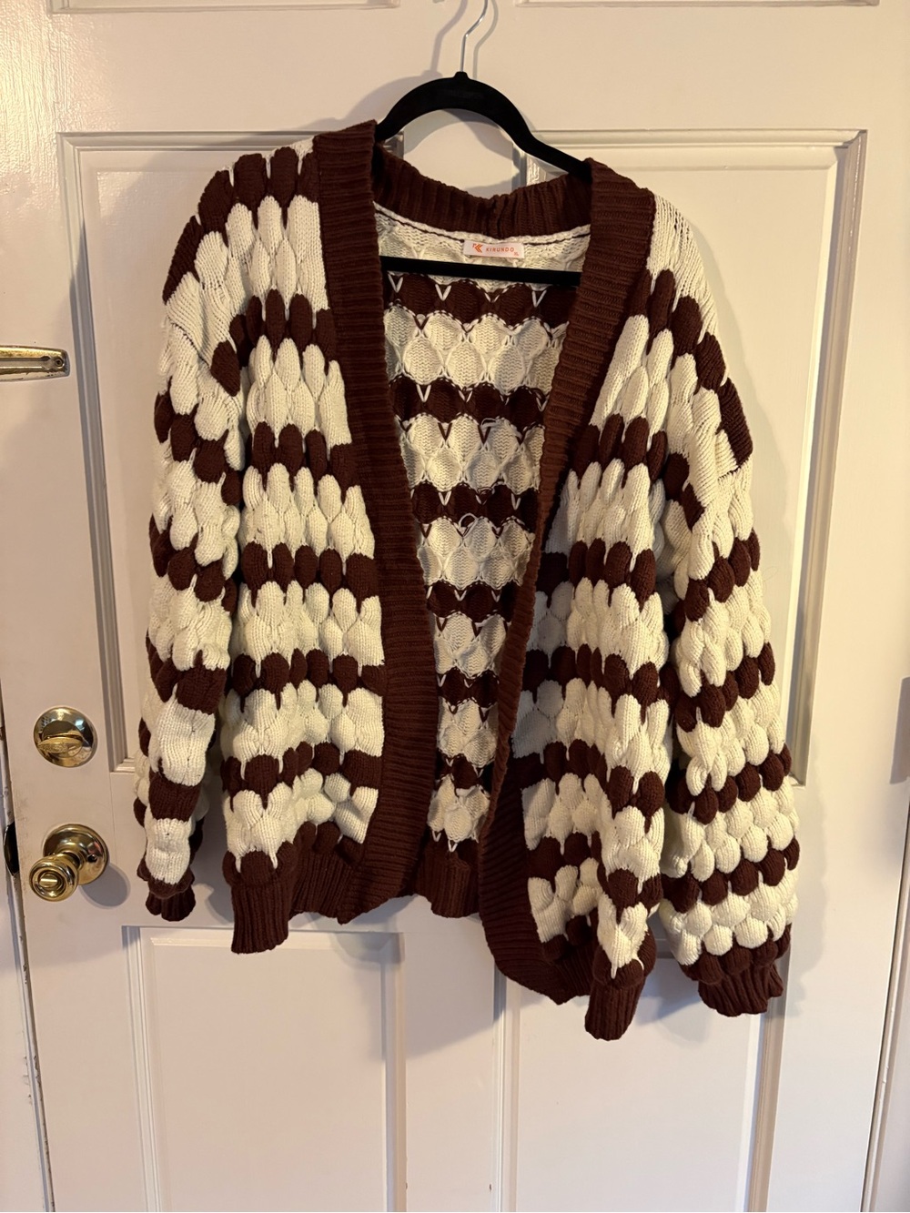 Brown and Cream chunky Knit Cardigan Sweater Bubble Sleeves